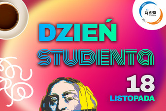 Tekst: Dzień Studenta 18 listopada. Grafika kawy, labiryntu i wizerunku Komeńskiego.